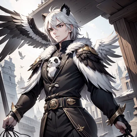 Griffin with a Wolfs head, Hawk Wings, panda body, wearing luxurious clothing.