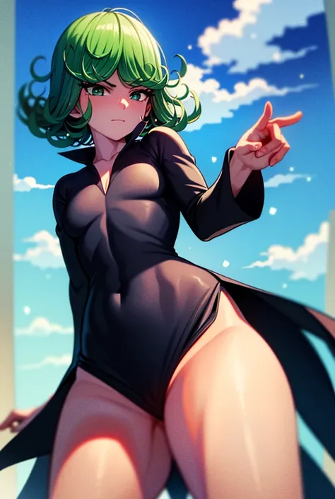 (masterpiece, best quality:1.2), cowboy shot, solo, 1girl, tatsumaki, lustful, closed mouth, looking at the viewer, ass, wide hips, black dress, blue sky, clouds, erotica