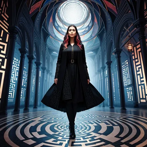 labyrinth, multiple_paths, divergent_narrative, escher_style, intricate_lines, illusory_perspective, vibrant_colors, contrasting_colors, maze, facial_expression_surprise, facial_expression_curiosity, bright_lighting, atmosphere_of_discovery, atmosphere_of_...