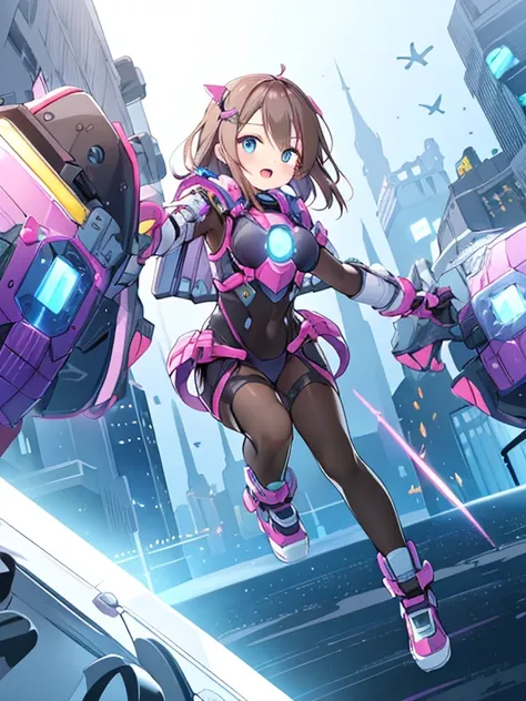 Extreme detail,masterpiece,futuristic city,girl with (energy shield):1.3,tight-fitting bodysuit,protecting herself from danger,using shield in battle,futuristic buildings,flying cars,shield growing brighter,repelling invader