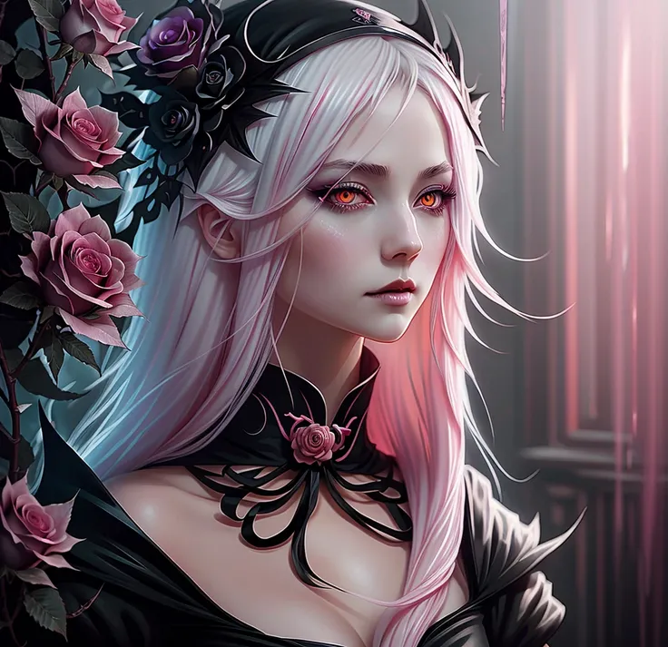 anime Vampire witch girl, long white hair, gothic style, roses in hair,dark black eyelashes ,glowing pink eyes, digital illustration, comic style, gothic renaissance, centered, approaching perfection, dynamic, highly detailed, watercolor painting, artstati...