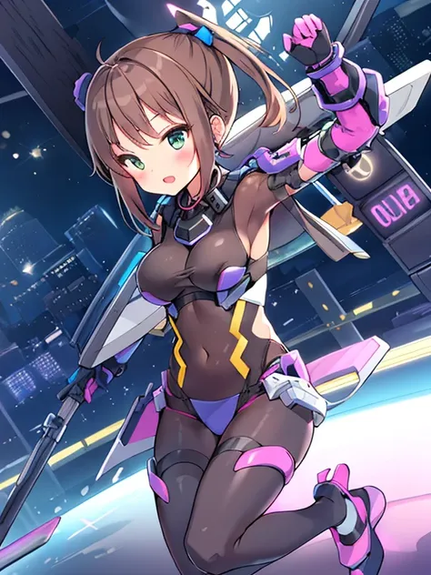 Extreme detail,masterpiece,futuristic city,girl with (energy shield):1.3,tight-fitting bodysuit,protecting herself from danger,using shield in battle,futuristic buildings,flying cars,shield growing brighter,repelling invader