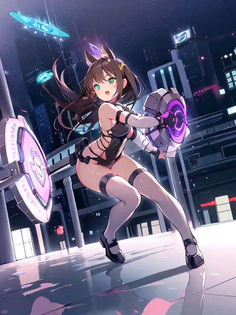 Extreme detail,masterpiece,futuristic city,girl with (energy shield):1.3,tight-fitting bodysuit,protecting herself from danger,using shield in battle,futuristic buildings,flying cars,shield growing brighter,repelling invader