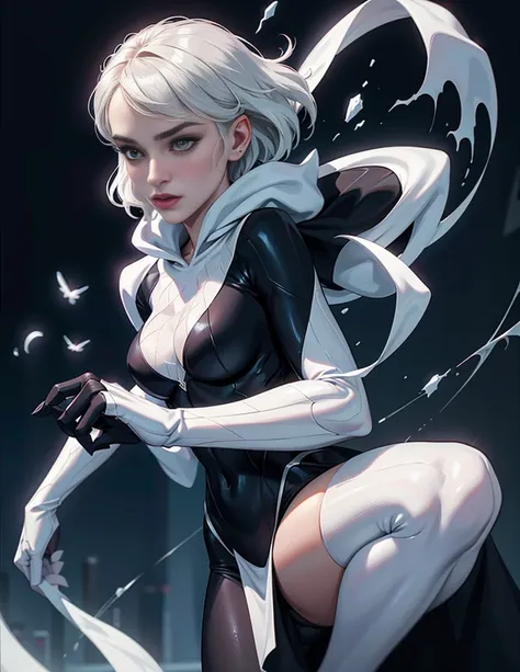 Ghost Spider, Gwen in a black costume with a white spider in the center of her chest, organic looking outfit, Fine art, ,Highly detailed cinematic rendering, ultra photorealistic raytricing, With cinematic lighting、keira knightley