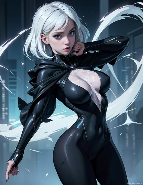 Ghost Spider, Gwen in a black costume with a white spider in the center of her chest, organic looking outfit, Fine art, ,Highly detailed cinematic rendering, ultra photorealistic raytricing, With cinematic lighting、Jessica Alba