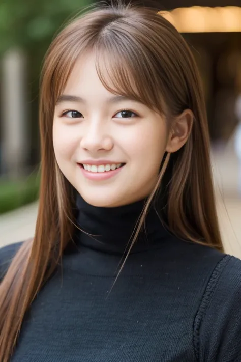 best quality, masterpiece, (photorealistic:1.4), 1girl, smiling eyes, (ulzzang-6500-v1.1:1.0), Brown Hair, black Eyes, 18 Years Old, Beautiful Woman, Actress, White turtleneck,