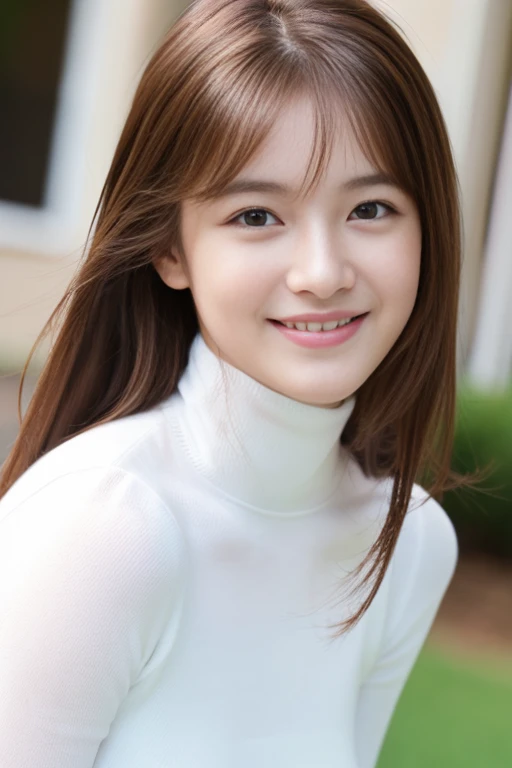 best quality, masterpiece, (photorealistic:1.4), 1girl, smiling eyes, (ulzzang-6500-v1.1:1.0), Brown Hair, black Eyes, 18 Years Old, Beautiful Woman, Actress, White turtleneck,