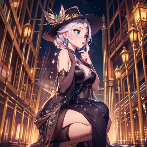 NSFW,Best possible quality, high resolution 8k,under the moonlight，night city，night street,most Beautiful woman with a dress and hat ,elsa from frozen,cat pose on tank，squatting on all four，all four on ground, tanned skin, fine hat, elegant,fantasy Victori...