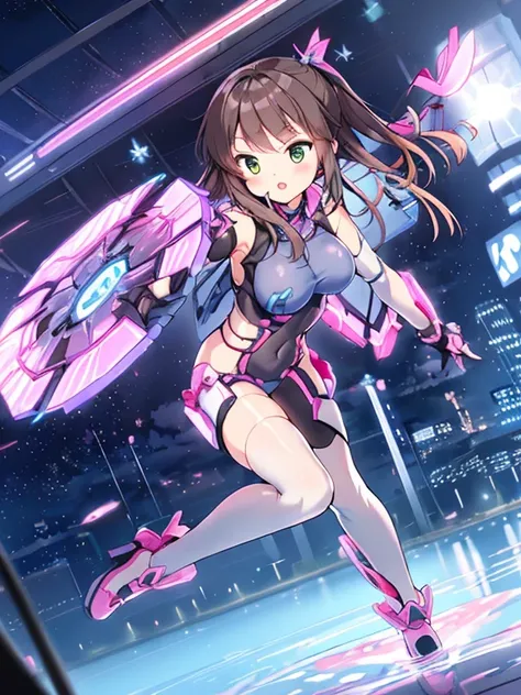 Extreme detail,masterpiece,futuristic city,girl with (energy shield):1.3,tight-fitting bodysuit,protecting herself from danger,using shield in battle,futuristic buildings,flying cars,shield growing brighter,repelling invader