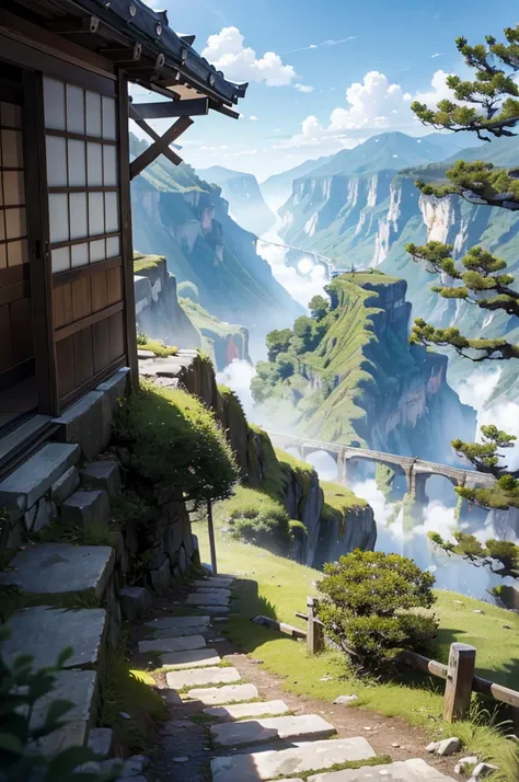 misty japanese mountain path winding through valley, dirt path, tall cliffs on the sides, with a ryokkan at the side of the path in the back of the picture, romantic scenery