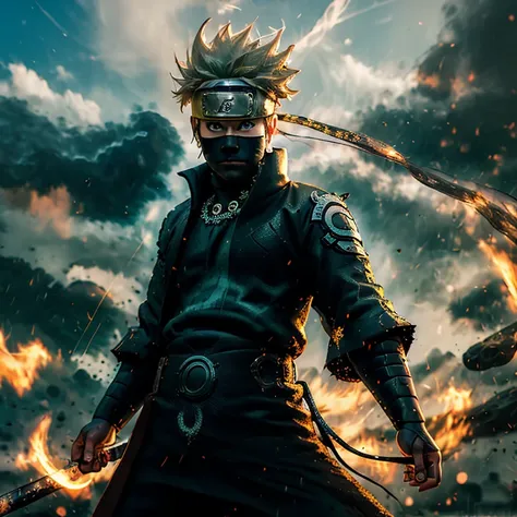 a captivating close-up portrait of uzumaki naruto, transformed into a ronin samurai, with unkempt sun-kissed hair, stern express...