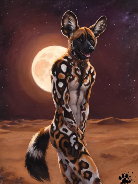 solo, (anthro:1.2), African Wild Dog, feminine body, submissive, panting, shy, male, shaggy fur, thick fur, tail, beautiful eyes, perfect eyes, symmetrical eyes, (black retinas:1.2), detailed background, sahara desert background, realistic, photorealistic,...