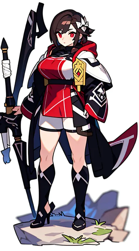 reference sheet, solo woman, (((blurry background, white background))), character focus, fantasy clothes, standing, full body, shorts, holding weapon, 