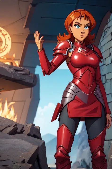 irma lair from the w.i.t.c.h. in the red battle armor, dark background