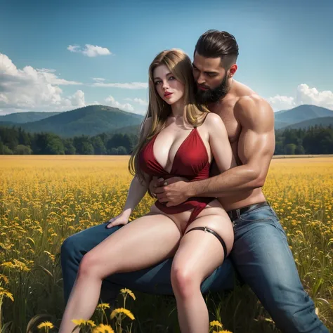 Long blonde straight haired female, curvy, red lips, sitting on a rugged man who has dark hair and beard. They are in a cornfield 