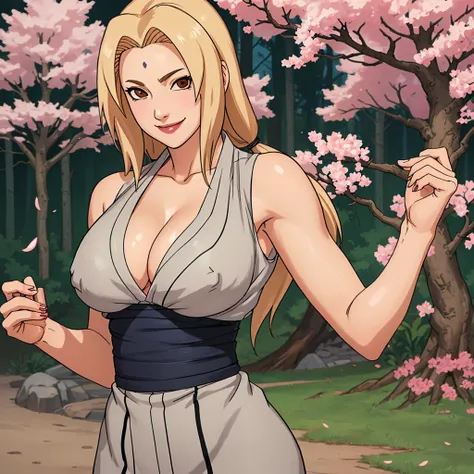 (((erect nipple tip))), masterpiece， Best quality at best， (1girl)， Tsunade Senju， Large breast，（cleavage)，（upperbody closeup)，Raised sexy，is shy，smile，long blonde hair, （brown eyeballs:1.4)， the cherry tree, busty figure,