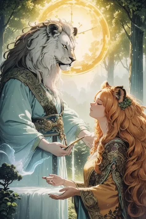 (best quality,4k,8k,highres,masterpiece:1.2),ultra-detailed,realistic,photorealistic:1.37,illustration,carta de tarô,strength,woman,dressed,stroking lion,outdoor,emotive,soft sunlight,vibrant colors,detailed facial expression,flowing robe,symbolic elements...