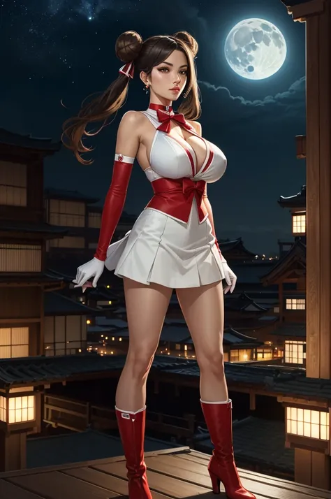 (masterpiece, best quality, ultra detailed, absurdres)1.5, 1girl, (sexy, beautiful woman, perfect face, perfect eyes, perfect female body, huge breasts)1.5, (aausagi, double bun, twintails, parted bangs, circlet, jewelry, earrings, choker, red bow, white g...