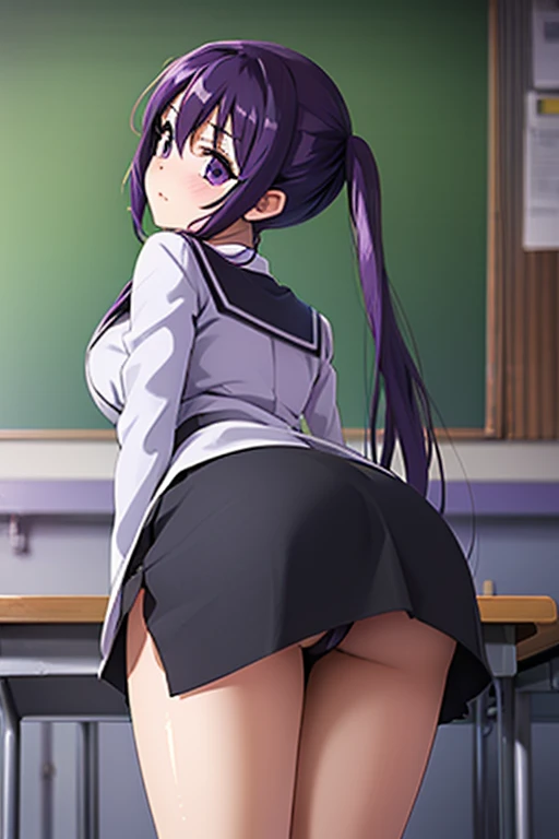 ((Highest quality)), (masterpiece), purple hair, long hair, twin tails, Purple eyes, bangs, blush, hair between eyebrows, surprised face, large breasts, school teacher, pantyhose, looking back, classroom, desk, chair, blackboard, back shot, ((close up of a...