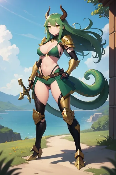 masterpiece, best quality, 1girl, detailed face, full body, lizardman girl, green hair, long hair, yellow eyes, big tits, (Armor: 1) , holding sword, green tail, green horns, (big hair in the wind)