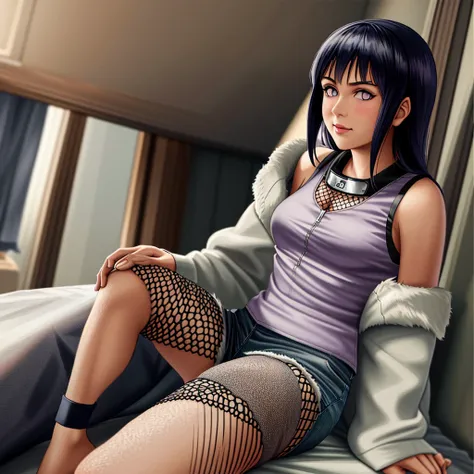 Masterpiece, High definition, high quality, detailed face, detailed body rendering, 1girl, solo, Hinata Hinata, Hinata sleeveless clothing,room,, sleeveless shirt,( fishnet garment), dark lips, unzipper jacket, no bra, breasts out, standing, blush, (in bed...