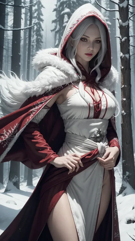 (A Gorgeous 30-Year-Old Female Blood Witch), (White Hair and Spirit-Seeing Red Eyes), (Aged and Blood-Marked Skin), (Red and White Hooded Witch Robe with Fur Cloak), (Mystical Snowy Forest), (Dynamic Pose:1.6), Centered, (Waist-up Shot:1.4), From Front Sho...