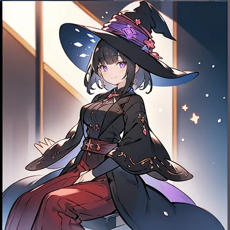 beautiful witch female, with short black hair, purple eyes, big bust, dressed witch's clothes, sitting in a tavern and smiling, ...