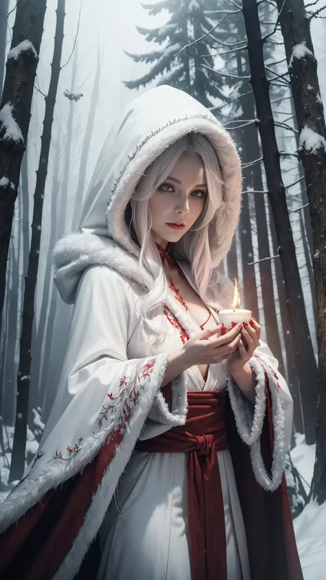 (A Gorgeous 30-Year-Old Female Blood Witch), (White Hair and Spirit-Seeing Red Eyes), (Aged and Blood-Marked Skin), (Red and White Hooded Witch Robe with Fur Cloak), (Mystical Snowy Forest), (Dynamic Pose:1.6), Centered, (Waist-up Shot:1.4), From Front Sho...