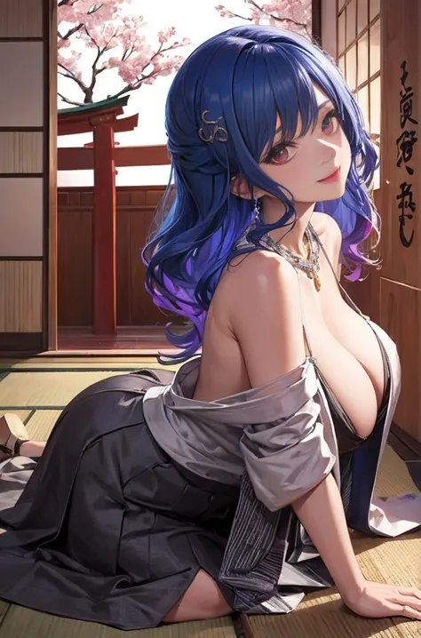 （T Masterpiece, need,1 huge breasts, alone, intricate details, look up at the viewpoint, color difference), real photos,(frontage), (Shoulder cut), chopped, Close-up, smile, Sexy Enhancement,Yaemiko, Violet blue hair, purple blue decoration, purple eyes, s...