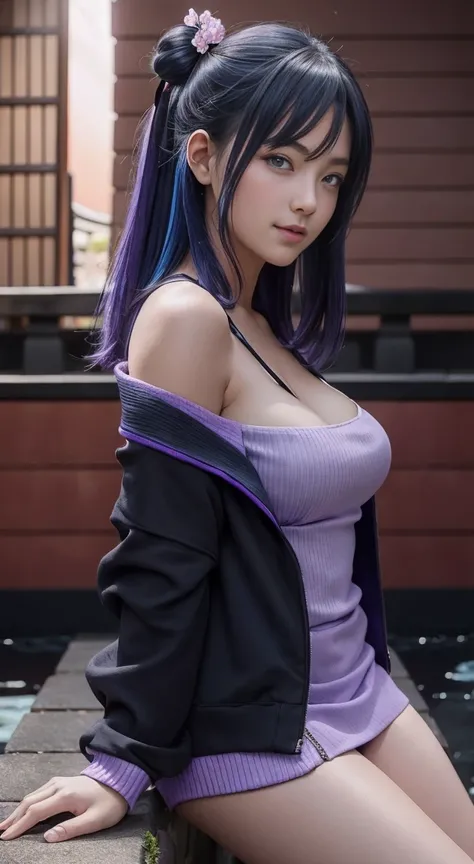 （T Masterpiece, need,1 huge breasts, alone, intricate details, look up at the viewpoint, color difference), real photos,(frontage), (Shoulder cut), chopped, Close-up, smile, Sexy Enhancement,Yaemiko, Violet blue hair, purple blue decoration, purple eyes, s...