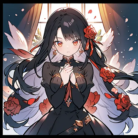 anime girl with long black hair and white dress with red roses, gweiz, gweiz on pixiv artstation, detailed digital anime art, be...