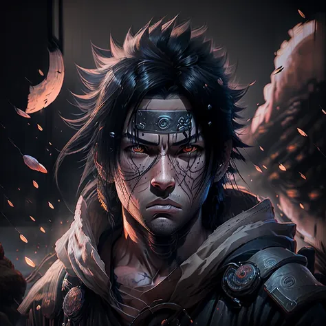 ultra-realistic cg masterpiece, best quality, sasuke uchiha in ronin samurai attire. (detailed face with piercing gaze and defin...