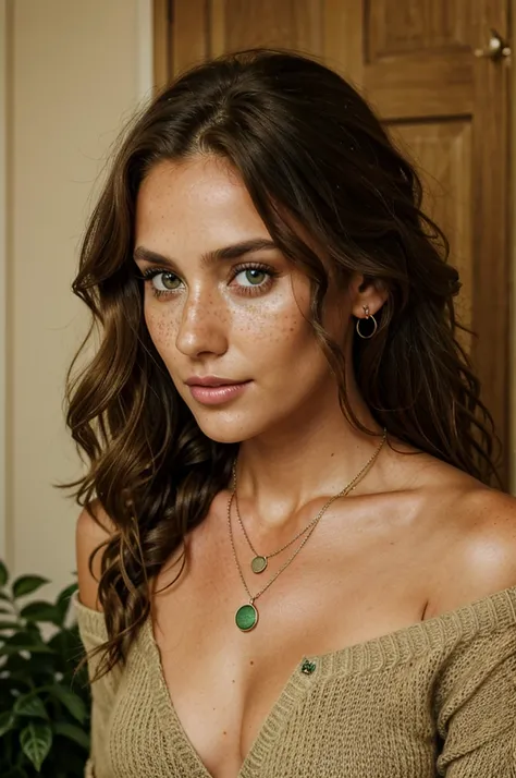 30 year old girl, alone, long curly light brown hair, green eyes, few freckles, ring on left side of nose, slightly tanned skin, jewelry, fitness body, full body, necklace, off shoulder, sweater, lippen, realistic, looking at viewer, flirting with the came...