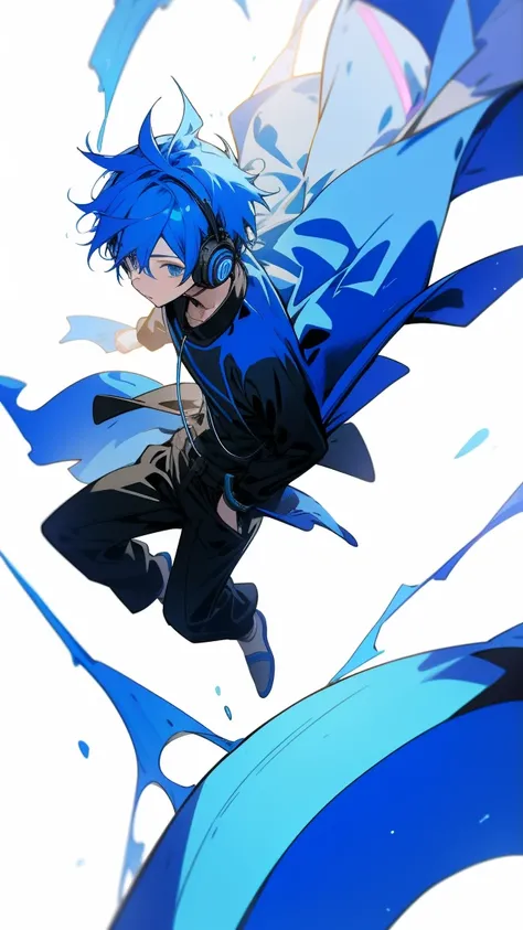 8k, 2d, high resolution, Best Quality, Blue Eyes, Blue Haired Emo boy, Headphones, 1boy, Full Body, Looking Straight, Floating