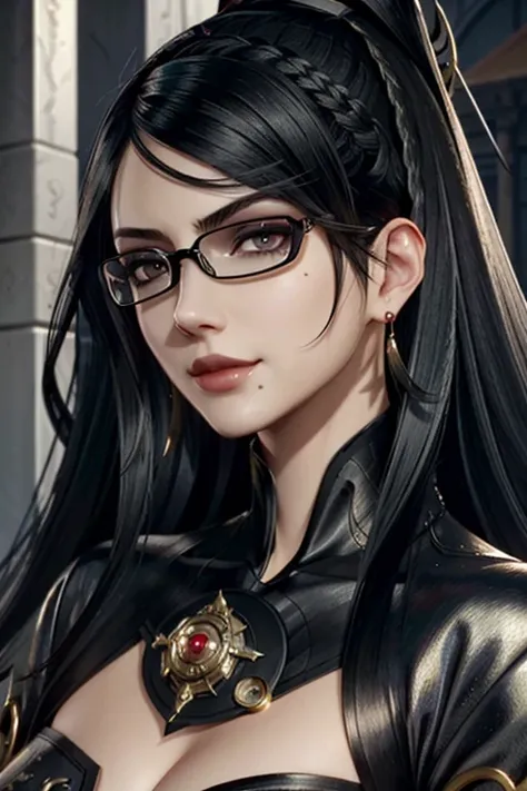 bayo, bayonetta, 1 girl, alone, mole under mouth, glasses, black hair, mole, jewelry, compensate, earrings, smile, eye shadow, p...