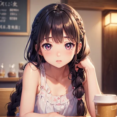 Aiko Tanaka (Aiko Tanaka, a simple girl with braided hair), his favorite idol (soft attractive beautiful, Delicate clavicle, oval face, Double eyelids, intelligent peach blossom eyes, Pink lips, small nose), meet in a cafe, talk , dialogue.