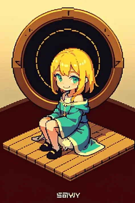 pixel, pixel art, 1girl, blond hair, sitting down on floor, body, smile, cozy,