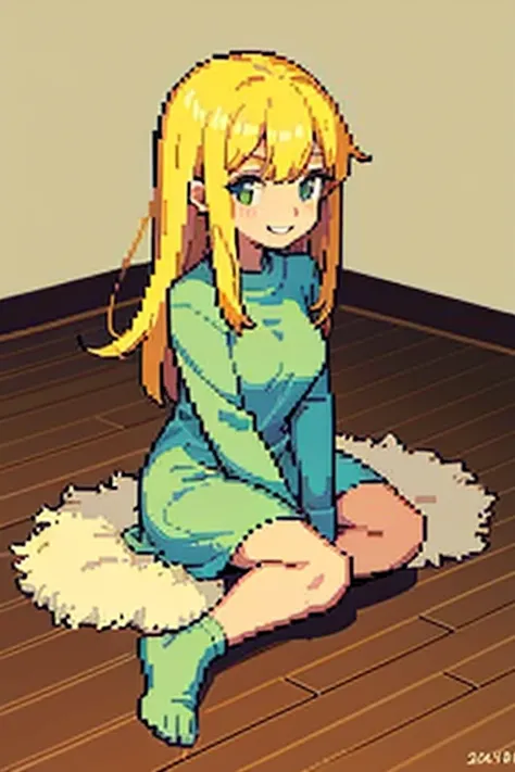 pixel, pixel art, 1girl, blond hair, sitting down on floor, body, smile, cozy,