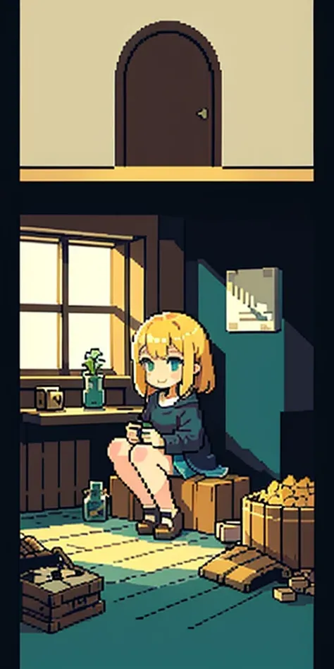 pixel, pixel art, 1girl, blond hair, sitting down on floor, body, smile, cozy,
