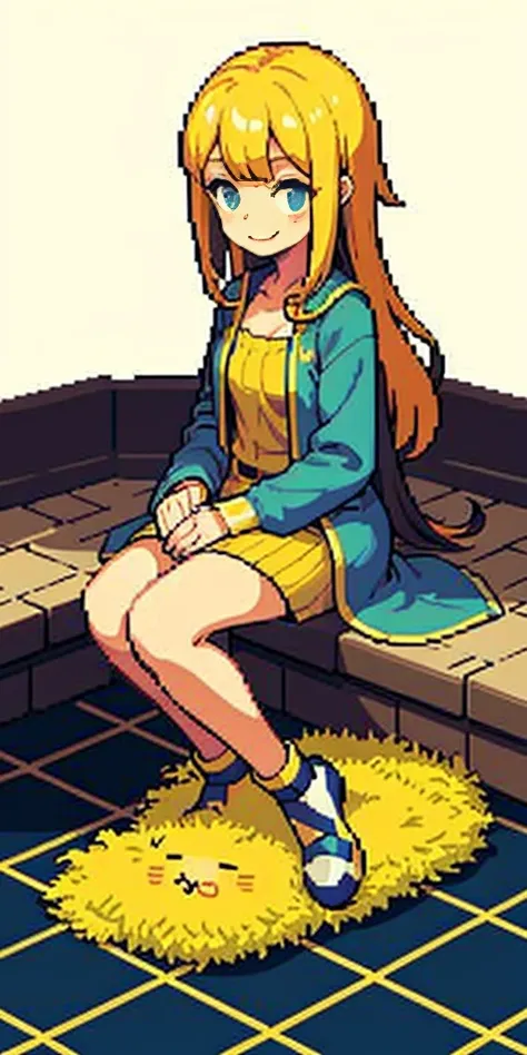 pixel, pixel art, 1girl, blond hair, sitting down on floor, body, smile, cozy,
