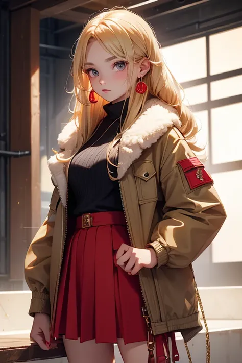 20th generation women,baby-faced woman,long blonde hair,one tied hairstyle,hair stretched out on the back,red earrings in ears,military short jacket,chiffon long skirt,shearling boots,Sweet and spicy mix coordination