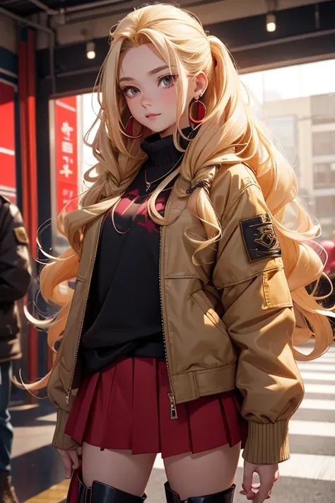 20th generation women,baby-faced woman,long blonde hair,one tied hairstyle,hair stretched out on the back,red earrings in ears,military short jacket,chiffon long skirt,shearling boots,Sweet and spicy mix coordination