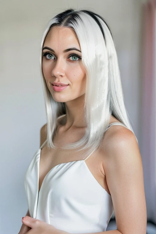 (half body postrait: 1.4) RAW 4k, beautiful girl 25 years old named Alyna, chin-length hair, white hair in front, black hair in back, glamour dressed, portrait, Realism, ccurate, 