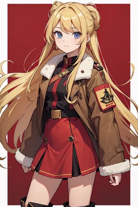 20th generation women,baby-faced woman,long blonde hair,one tied hairstyle,hair stretched out on the back,red earrings in ears,military short jacket,chiffon long skirt,shearling boots,Sweet and spicy mix coordination