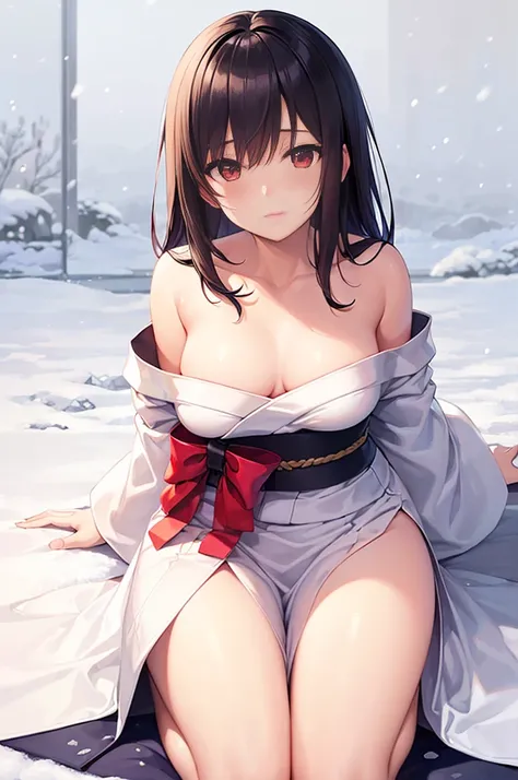 (((highest quality, High resolution, Like Japan cartoons))) , (Blizzard,snow scene),red eyes, 1 girl, alone, looking at the viewer, black hair, medium breasts, closed mouth, clavicle, broken kimono,white kimono, thighs,Two-dimensional beautiful girl,Japan ...