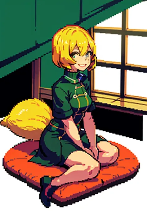 pixel, pixel art, 1girl, blond hair, sitting down on floor, body, smile, cozy,