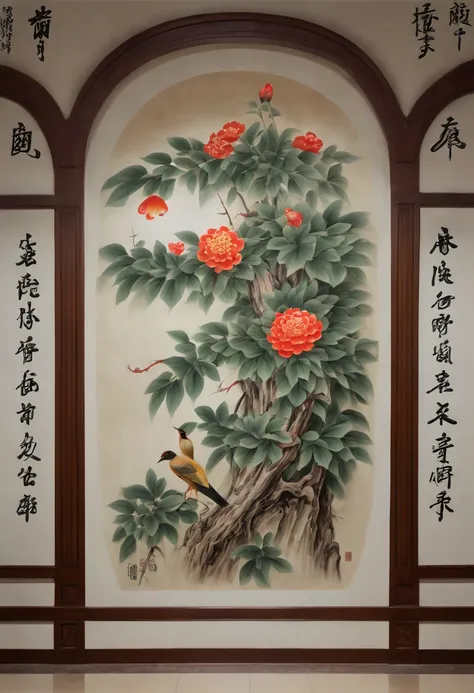 optical illusion art, Trompe loeil painting, painted on the lobby wall, by Qi Baishi and Chen Longque and Chen Dingbo, Surrealism, intricate, (best quality, masterpiece, Representative work, official art, Professional, 8k)