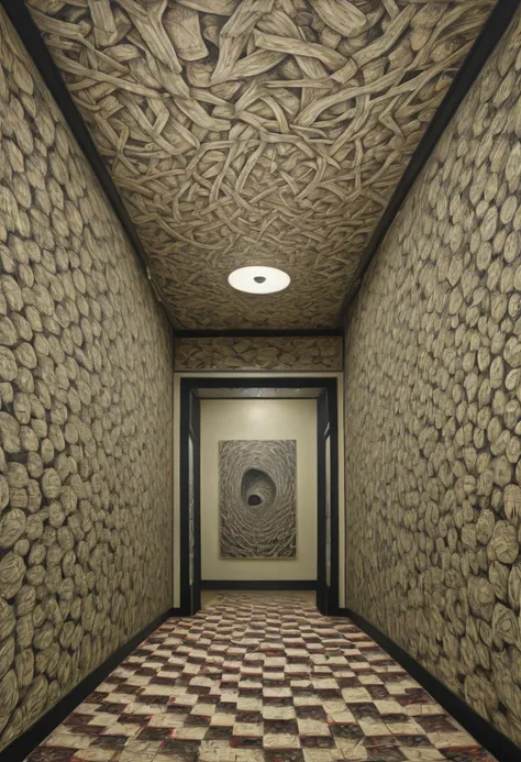 optical illusion art, Trompe loeil painting, painted on the lobby wall, by Junji Ito, Surrealism, intricate, (best quality, masterpiece, Representative work, official art, Professional, 8k)