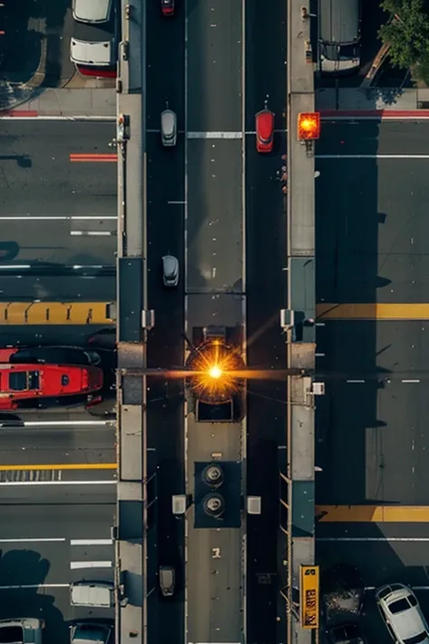 Aerial view of tank destroying traffic light.