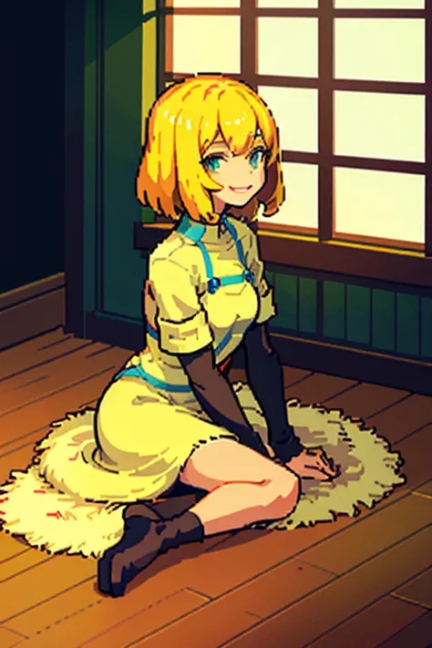 pixel, pixel art, 1girl, blond hair, sitting down on floor, body, smile, cozy,